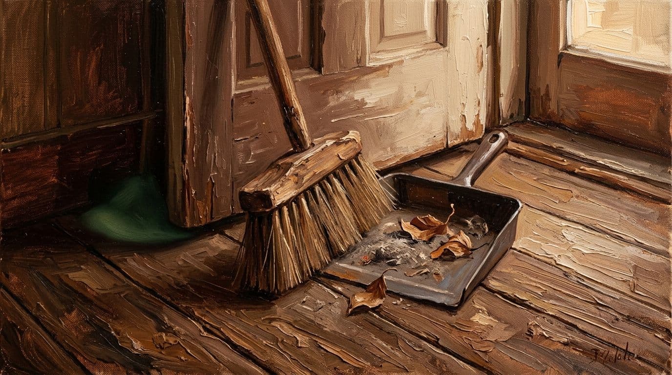 Совок и веник у порога вечером с небольшой горсткой сора