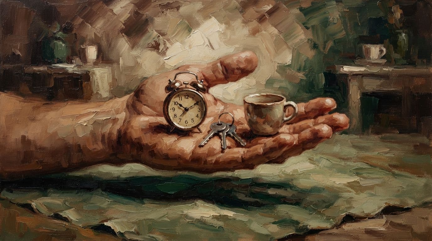 Ладонь с будильником, ключами и чашкой