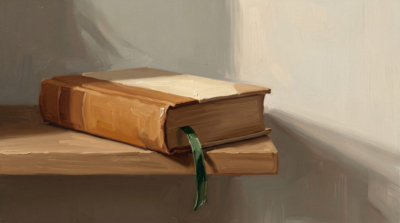 Закрытая книга в тканевом переплёте с зелёной закладкой на краю полки