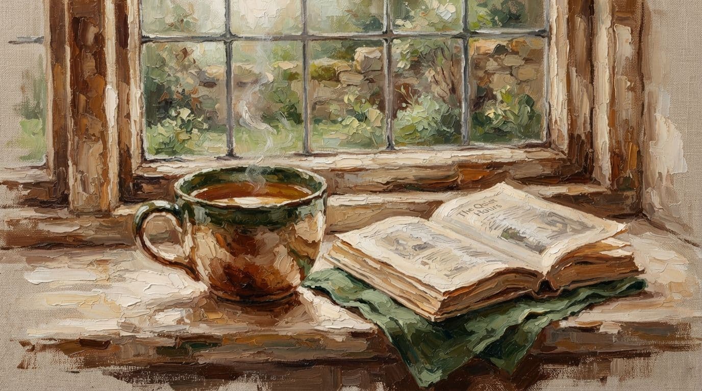 Чашка чая и книга на подоконнике