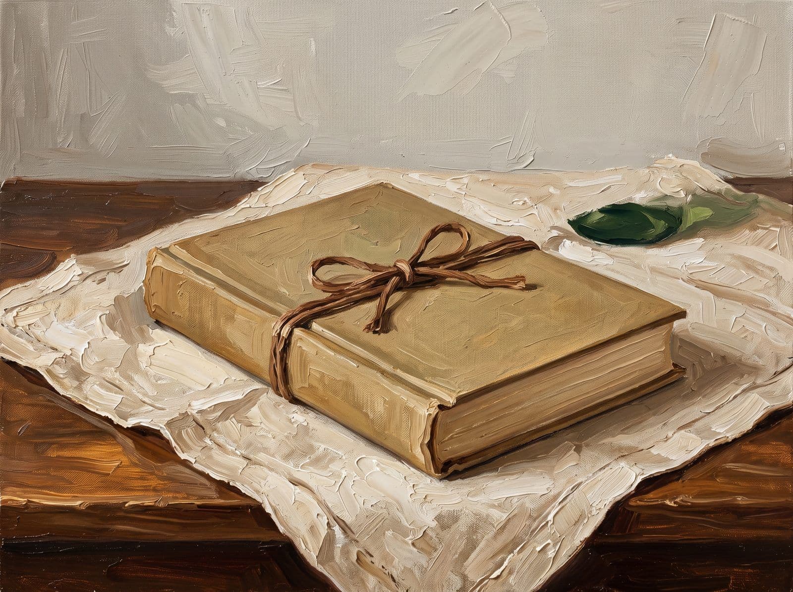 Книга в тканевом переплёте, перевязанная шнуром, на льняной салфетке на деревянном столе